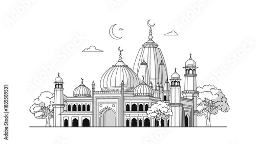 Majestic mosque building featuring large domes, minarets, and trees shown in a clean and detailed black and white line art illustration.