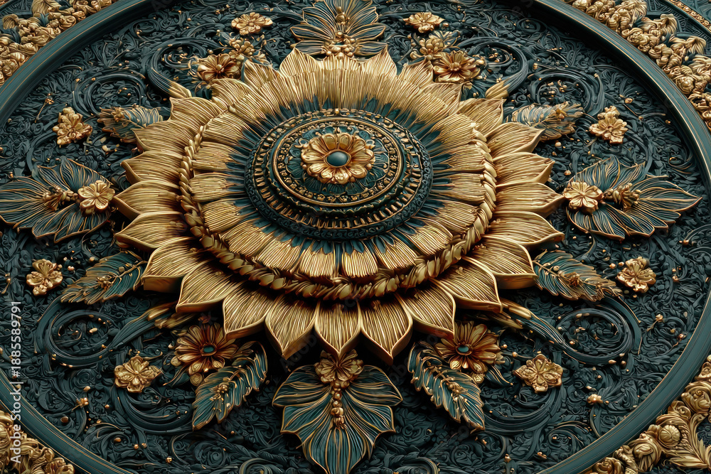 Fototapeta premium A luxurious decorative ornament featuring a three-dimensional floral motif, executed in gold on a dark background with emerald hues. 