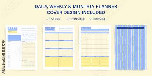 Daily weekly monthly planner template vector set. Pastel blue diamond pattern cover design. Ideal for personal organizer, printable journal, editable notebook, evaluation, priorities.