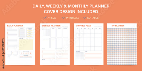 Printable planner templates vector bundle. Daily, weekly and monthly pages. Minimal beige dotted cover. Personal organizer for editable journal, notebook, habit tracker, diet log, to do lists.