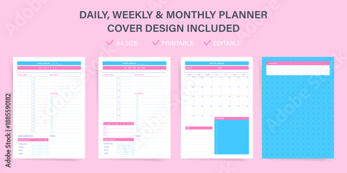 Pastel wellness planner printable set. Daily, weekly, monthly pages. Blue and yellow design with striped cover, water intake, weather icons, focus tracker, sleep quality log, habit tracker.