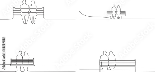 Set of a Couple sitting on a park one continuous line art, Vector illustration, One line art, Line art graphic style