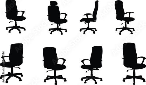 Silhouette vector illustration of ergonomic office chairs with wheels, armrests, and headrest shown in multiple angles for workplace furniture design