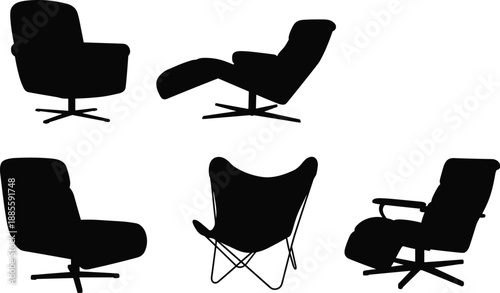 Silhouette vector illustration of modern chairs including recliners, swivel seats, and butterfly chair designs for stylish interior furniture decoration