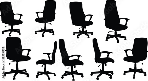 Silhouette vector illustration of modern office chairs with wheels, armrests, and high backs shown in multiple angles for furniture design