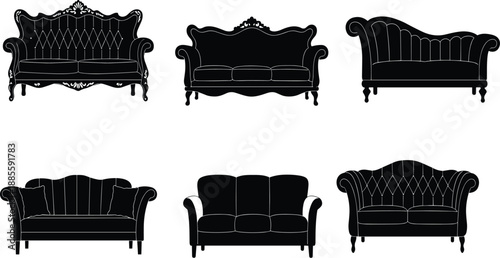 Silhouette vector illustration of ornate classic sofas with elegant armrests, tufted backrests, and decorative legs for vintage interior furniture design