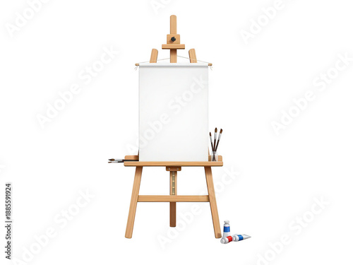 Detailed wooden easel with blank canvas and art supplies on transparent background