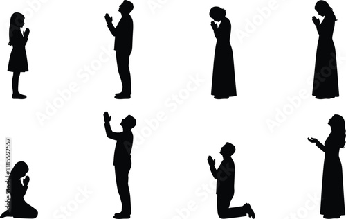 Silhouettes of individuals in diverse prayer postures, illustrating spiritual devotion and expressions of faith