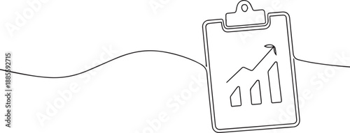 Clip board with growth graph one continuous line art, Vector illustration, One line art, Line art graphic style