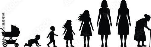 Silhouette progression of female life stages from infancy to old age, illustrating growth, aging, and human development