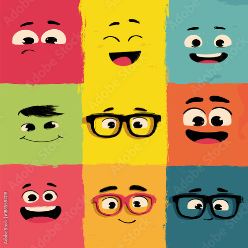 Cheerful cartoon faces on a colorful background expressing various emotions and concepts. Cartoon faces showing emotions and different personalities