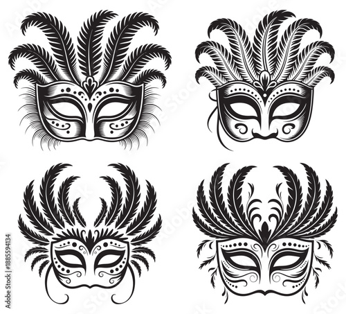 Mardi Gras Masks with Feathers and Decorations