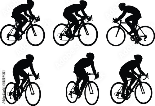 Silhouettes of cyclists riding racing bikes in various poses, vector bicycle sport illustration for design