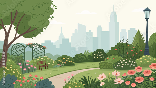 Serene city park with lush garden and modern skyline