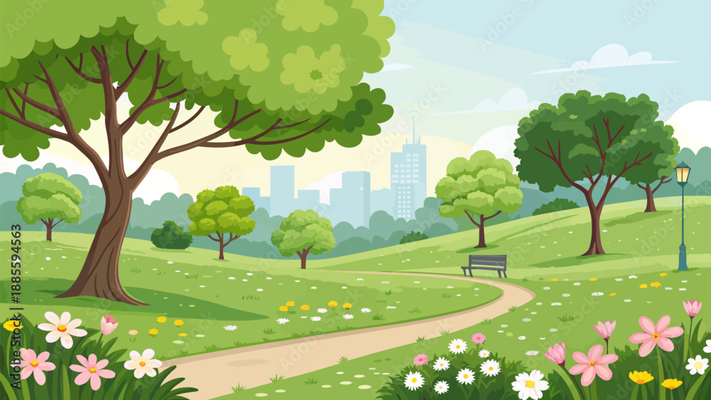 Obraz premium Serene city park with winding path and vibrant flowers