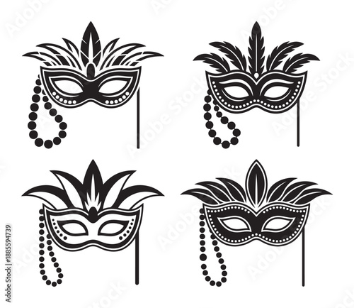 Venetian Masks with Feathers and Beads Isolated on White