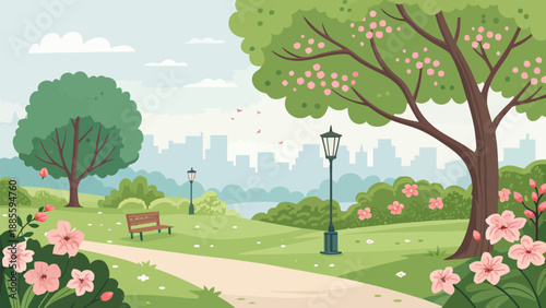 Serene city park with blooming flowers and walking path