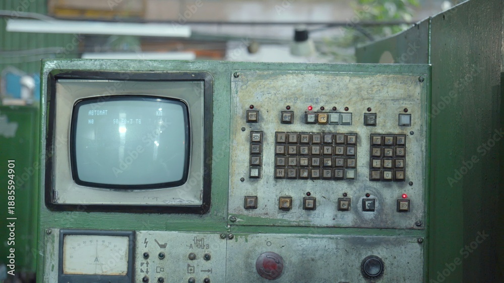 Fototapeta premium Old Industrial Device With Switches, Vintage Machinery Featuring Analog Controls And Indicators