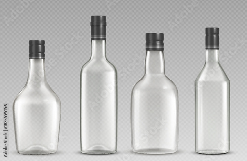 Alcohol drink bottles set isolated on transparent background. Vector realistic illustration of glass containers for wine, whiskey and cognac, vodka, or tequila with black caps, blank package mockups