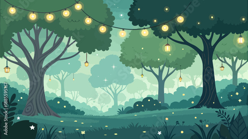 Whimsical forest scene with glowing string lights at dusk