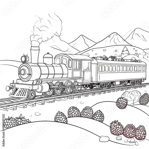Line art of a classic steam train chugging along tracks in a mountainous landscape