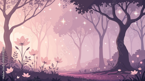 Whimsical forest scene with sparkling stars and blooming flowers
