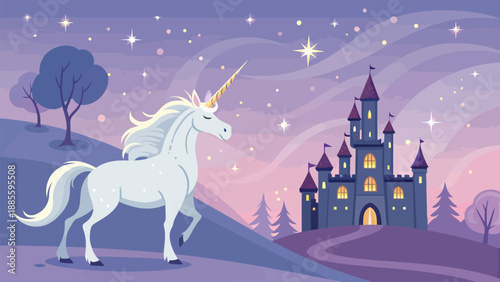 Majestic unicorn standing before a fairytale castle under starry night sky