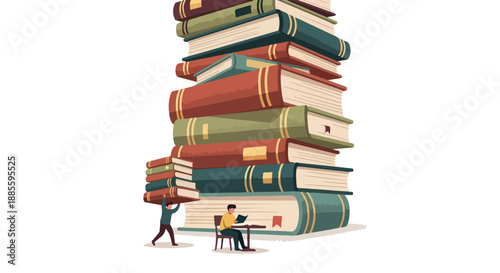 Giant stack of books with a tiny person reading at the bottom and another carrying a small stack