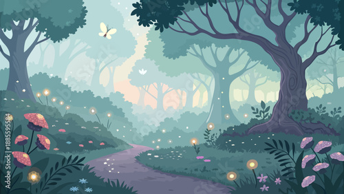 Whimsical forest path with glowing fireflies and colorful flowers