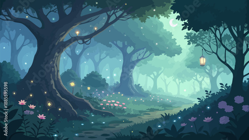 Magical forest scene with fireflies and moonlight