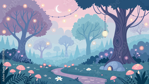 Whimsical forest scene with winding path and twinkling lights at dusk