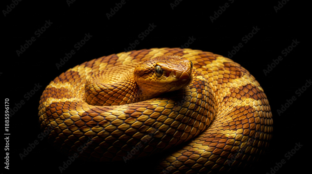 Fototapeta premium Golden Coiled Serpent on Black Background