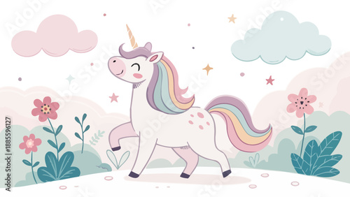 Cute cartoon unicorn frolics in magical garden with flowers