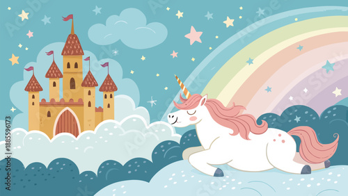 Magical unicorn prancing under rainbow near fairy tale castle