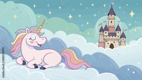 Whimsical unicorn resting on fluffy clouds near magical castle