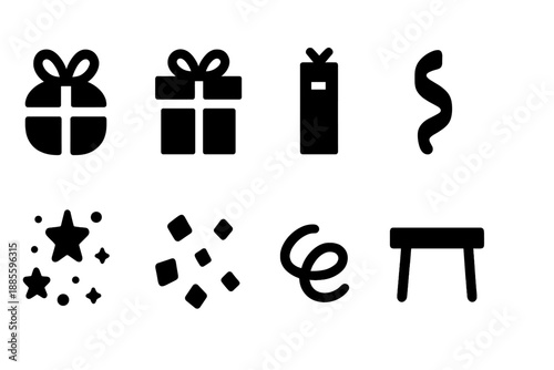 Birthday Gift Icons. Birthday table gifts set. Filled icon set of Birthday table gifts set: round gift,