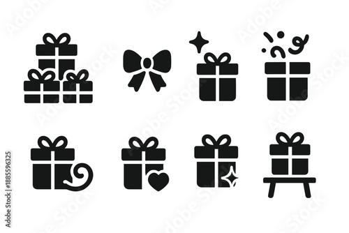Gift Icon Set. Present-filled table icons. Filled icon set of Present-filled table icons: stacked gifts, bow