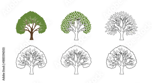 Collection of six tree illustrations showing different artistic styles from full green leaves to minimalist black and white line art outlines.