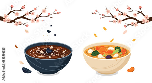 Two steaming bowls of traditional Japanese soup served under beautiful pink cherry blossom branches during the spring season in Japan.