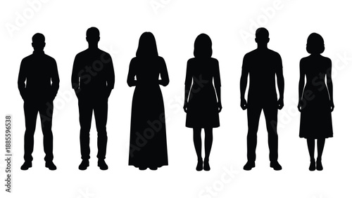Silhouettes of six people isolated on white background, Vector