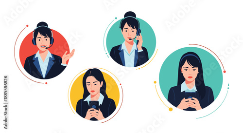 Collection of four professional female customer service avatars illustrating roles in telemarketing and digital support using headsets and phones.