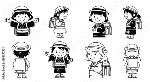 Collection of eight black and white character sketches showing a young schoolgirl in various poses and perspectives with a backpack.