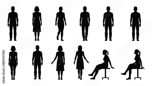 Silhouettes of various people in different poses isolated on white background, Vector