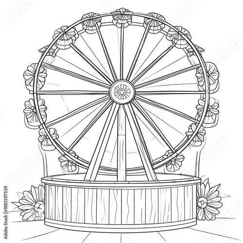 Line art of a Ferris wheel with floral decorations and a wooden base, perfect for coloring