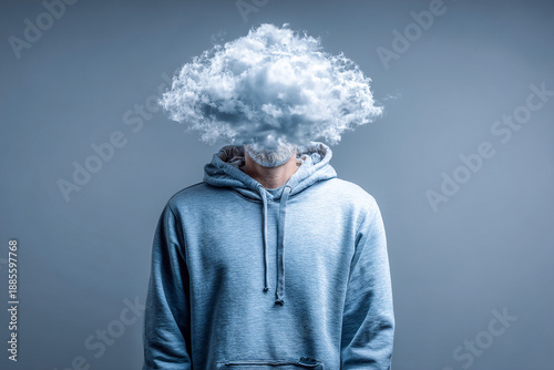 Person with cloud over head symbolizing overthinking in a calm environment Generative AI