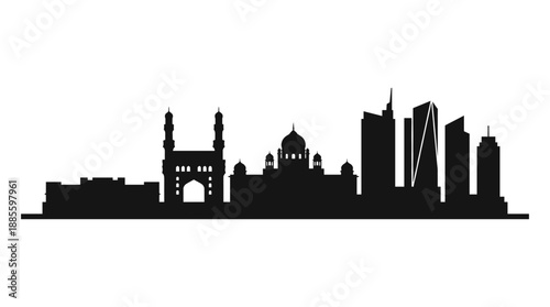 Hyderabad skyline vector silhouette featuring Charminar and modern tech city buildings minimal cityscape design for real estate or tourism banner background