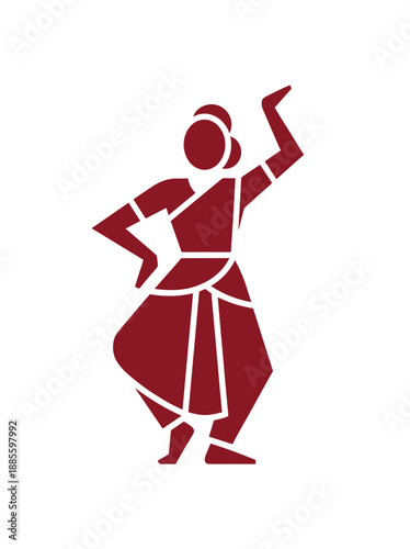 Indian classical dance vector icon featuring stylized kuchipudi or bharatanatyam dancer silhouette in red color traditional cultural art performance logo design
