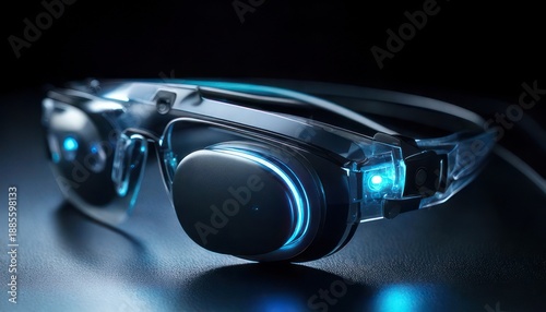 Sleek Futuristic Augmented Reality Glasses with Blue Accents on Dark Surface.