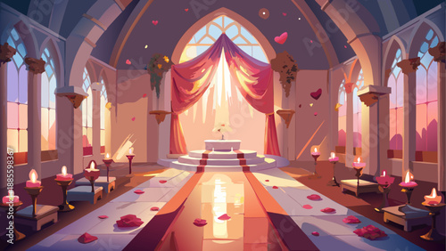 Romantic wedding ceremony venue with rose petals and candles