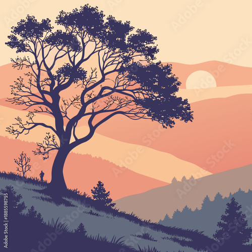 Abstract sunrise landscape with layered circular elements, warm gradient colors, modern vector art